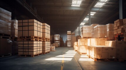 A warehouse full of boxes and pallets.