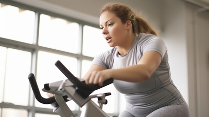 Fototapeta premium Overweight woman working out on a stationary bicycle.generative ai