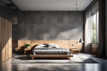 Interior design of modern bedroom with wooden bed with concrete floor, Generative AI
