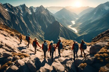 Epic image with hikers helping each other reach the mountain top, Generative AI illustration