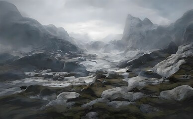 Illustration of a river flowing over stones surrounded by mountains on a misty day