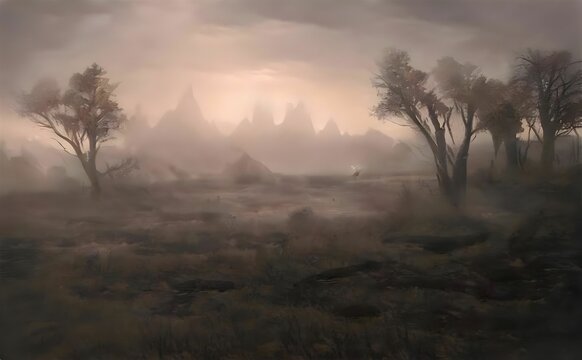 Illustration of a mysterious field with trees and mountains in fog in the background