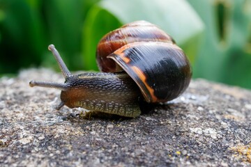 a brown and black snail crawling on a rock near leaves