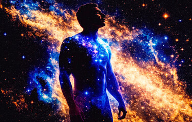 Human body with glowing nebula and stars. Science fiction illustration. The concept of God in the image of a man against the background of the universe. Generative AI.