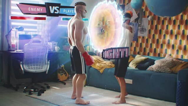 Teenager in VR headset plays online augmented reality video game at home using controllers. Young gamer boxing with 3D graphics hologram of fighter. Futuristic VFX animation. Virtual gaming concept.