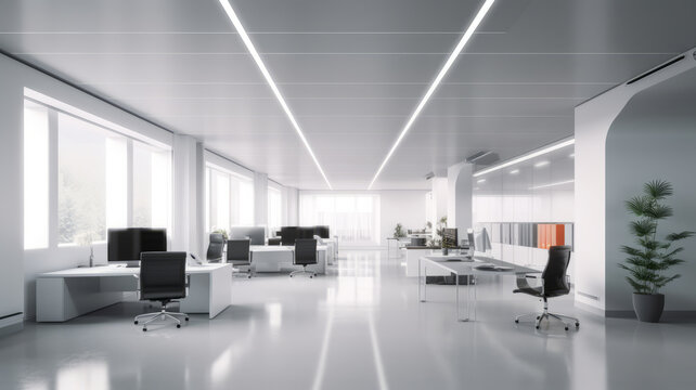 Empty office, Modern corporate open office in minimalist modern design in whites and greys.generative ai