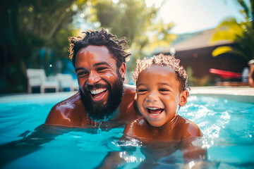 Afroca American father in a swimming pool with his young toddler son. Moment of joy, laughter, and candid moments, celebrating summer and happy parenthood - obrazy, fototapety, plakaty