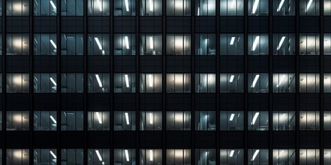 Skyscraper with a continuous facade, blue tinted windows at night, and blinds during the day. Background texture of a contemporary abstract office structure, including bright lights.