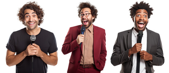 Set of stand-up comedians with microphones, cut out