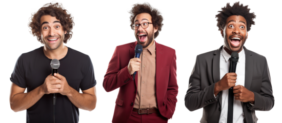 Set of stand-up comedians with microphones, cut out