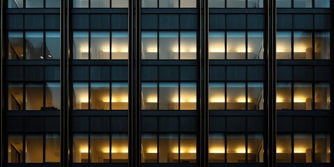 Nighttime windows with a yellow hue and blinds on a skyscraper with a seamless facade. Modern, abstract office building background texture with glowing lighting and dark exterior walls. 