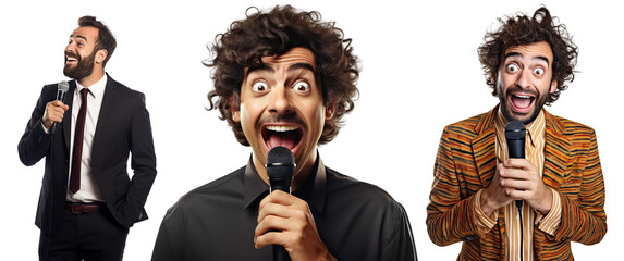 Set of stand-up comedians with microphones, cut out