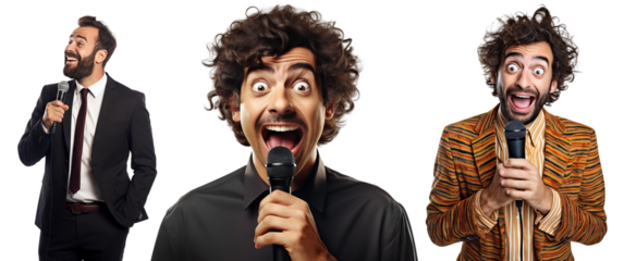 Set of stand-up comedians with microphones, cut out