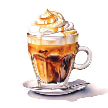 Realistic watercolor painting of delicious coffee with milk and cream. Watercolor illustration