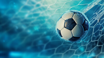 Fototapeta na wymiar soccer ball in goal net with soft blue background.generative ai