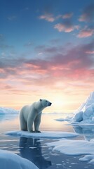 A majestic polar bear standing on a floating ice floe in the Arctic