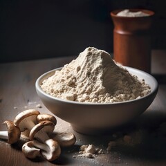 White ceramic bowl filled with a light brown mushroom protein powder mix
