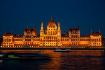 Fototapeta premium Hungarian National Parliament building in Budapest, Hungary, during twilight