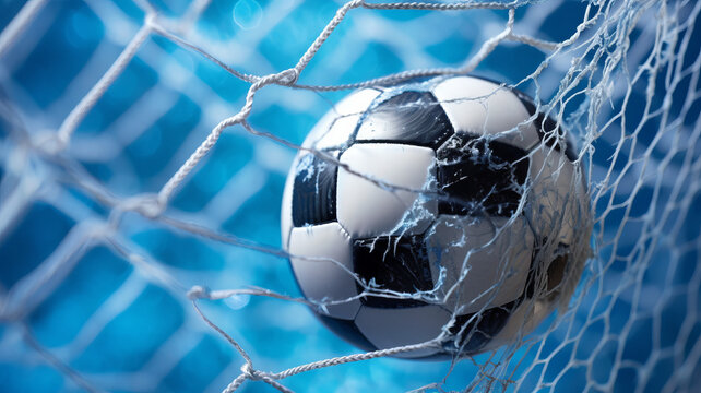 soccer ball in goal net with soft blue background.generative ai