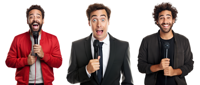 Set of stand-up comedians with microphones, cut out