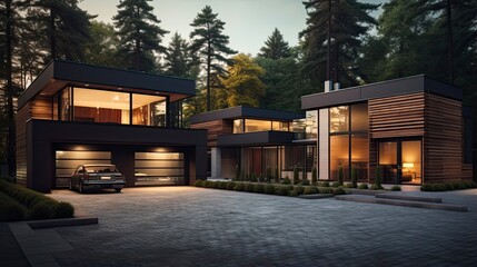 Bauhaus-Inspired Architecture: Haus Kubus with Wooden Elements, Garage, and Lighted Driveway Amidst a Forest Setting