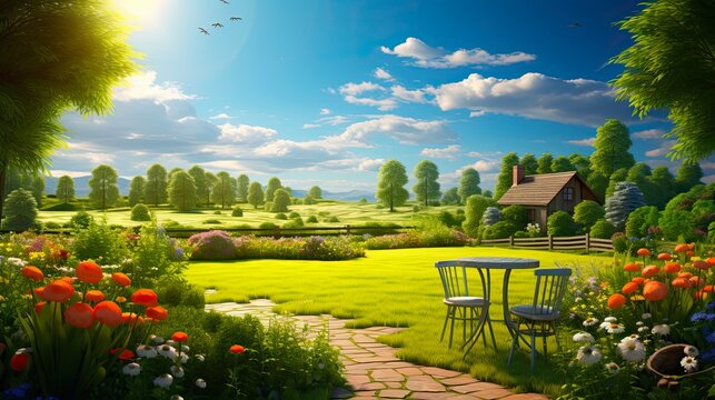 Beautiful Green Backyard with Blooming Colors in the Daylight