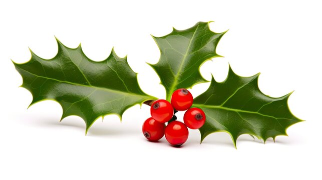 Simple Holly with Bright Red Berries for Christmas Decoration - Isolated on White Background