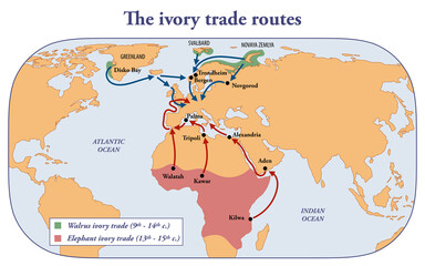 The main walrus and elephant ivory trade routes towards Northern Europe