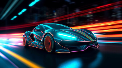 Naklejka premium view of Sports Car On Neon Highway. Powerful acceleration of a supercar on a black night.generative ai