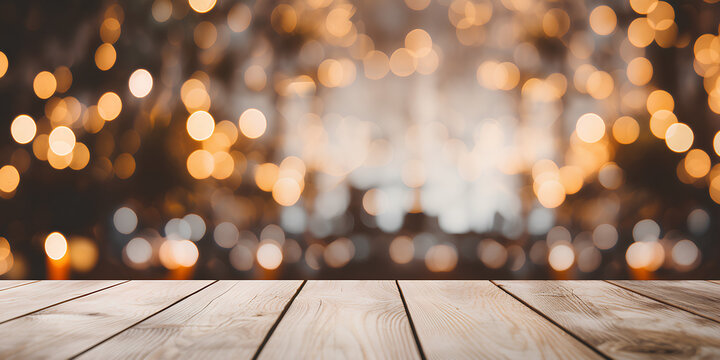 Empty Woooden Table Top With Abstract Warm Living Room Decor With Christmas Tree String Light Blur Background With Snow,Holiday Backdrop,Mock Up Banner For Display Of Advertise Product.