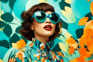 A stylish lady with vibrant multitude of green color fashion accessories, takes center stage in a close-up portrait against a lively background. Generative AI. - obrazy, fototapety, plakaty