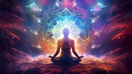 A Spiritual Exploration of Mindfulness, Cosmic Consciousness, and the Psychedelic Journey Towards Oneness, Awakening, and Enlightenment in the New Age Paradigm - obrazy, fototapety, plakaty