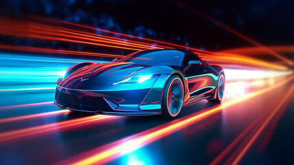 view of Sports Car On Neon Highway. Powerful acceleration of a supercar on a black night.