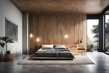 Interior design of modern bedroom with wooden bed with concrete floor, Generative AI