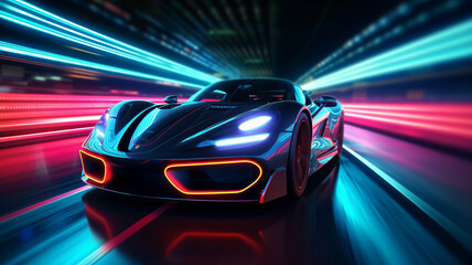 view of Sports Car On Neon Highway. Powerful acceleration of a supercar on a black night.