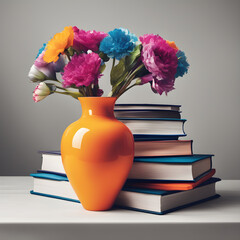 bright beautiful flowers in a vase on the table among the books, in strict style