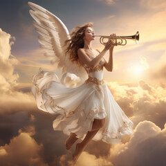 majestic angel woman with dress playing trumpet