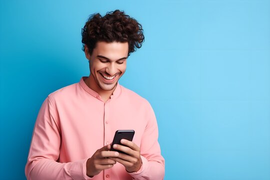 Happy Young Man Typing on Smartphone, Shopping Online, and Using Trendy Apps, Blue Background, Typing Message