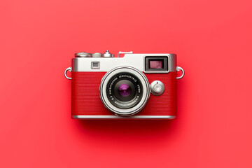 World Photography Day camera on red background top view