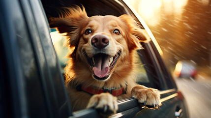 A joyful dog enjoying the ride with its head out of the car window, having a great time