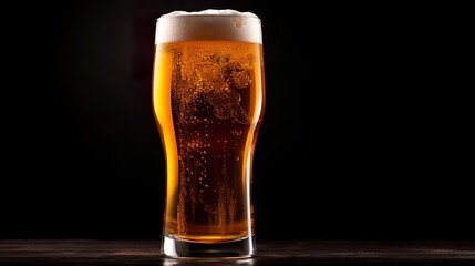 A chilled glass of fresh beer set against a dark backdrop