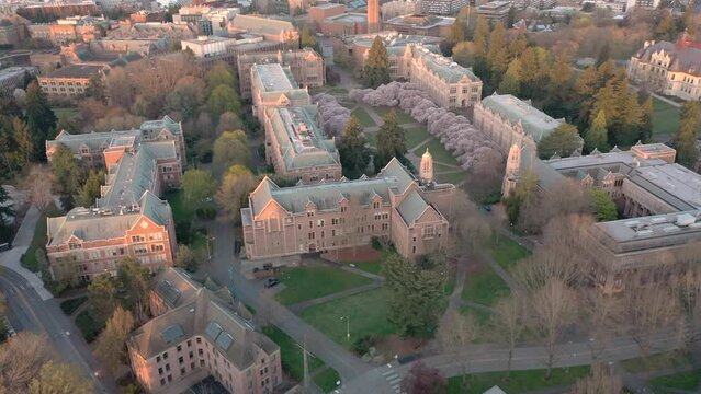 Aerial video of old buildings of University of Washington, Seattle, USA