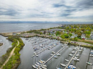 Aerial view of the South Benson Marina in Fairfield, Connecticut.
