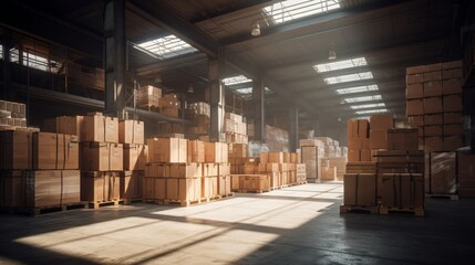 A warehouse full of boxes and pallets.