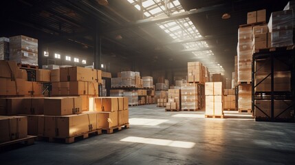 A warehouse full of boxes and pallets. - obrazy, fototapety, plakaty