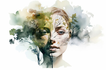 Mental Health Awareness. Eco style. Abstract portraite of beautiful young woman. Double exposure of female with background of nature. Watercolor illustration, white backdrop