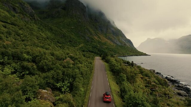Red SUV drives the coastal road in beautiful green scandinavian landscape