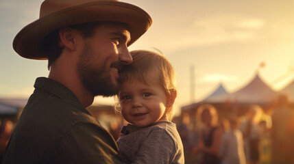 As the golden hues of sunset paint the festival, a young father and his son navigate the crowd, their matching sun hats a testament to shared moments..