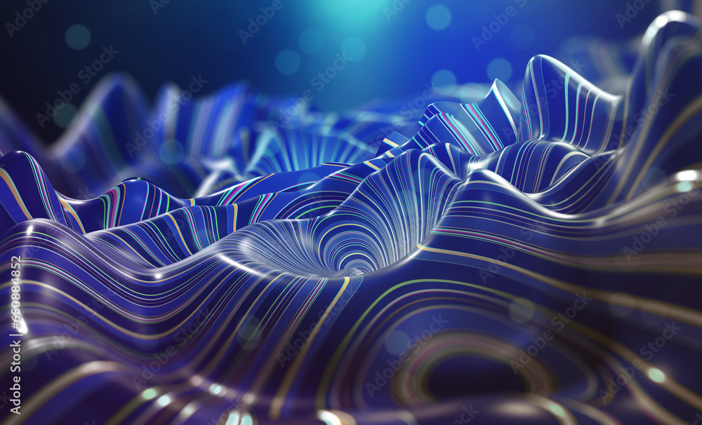 Wall mural Digital data stream. Flying at high speed through undulating big data networks. Modern technology background abstract concept 3D illustration