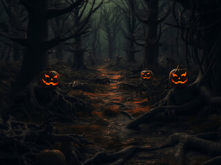 Creepy Halloween forest in art. AI Generation.